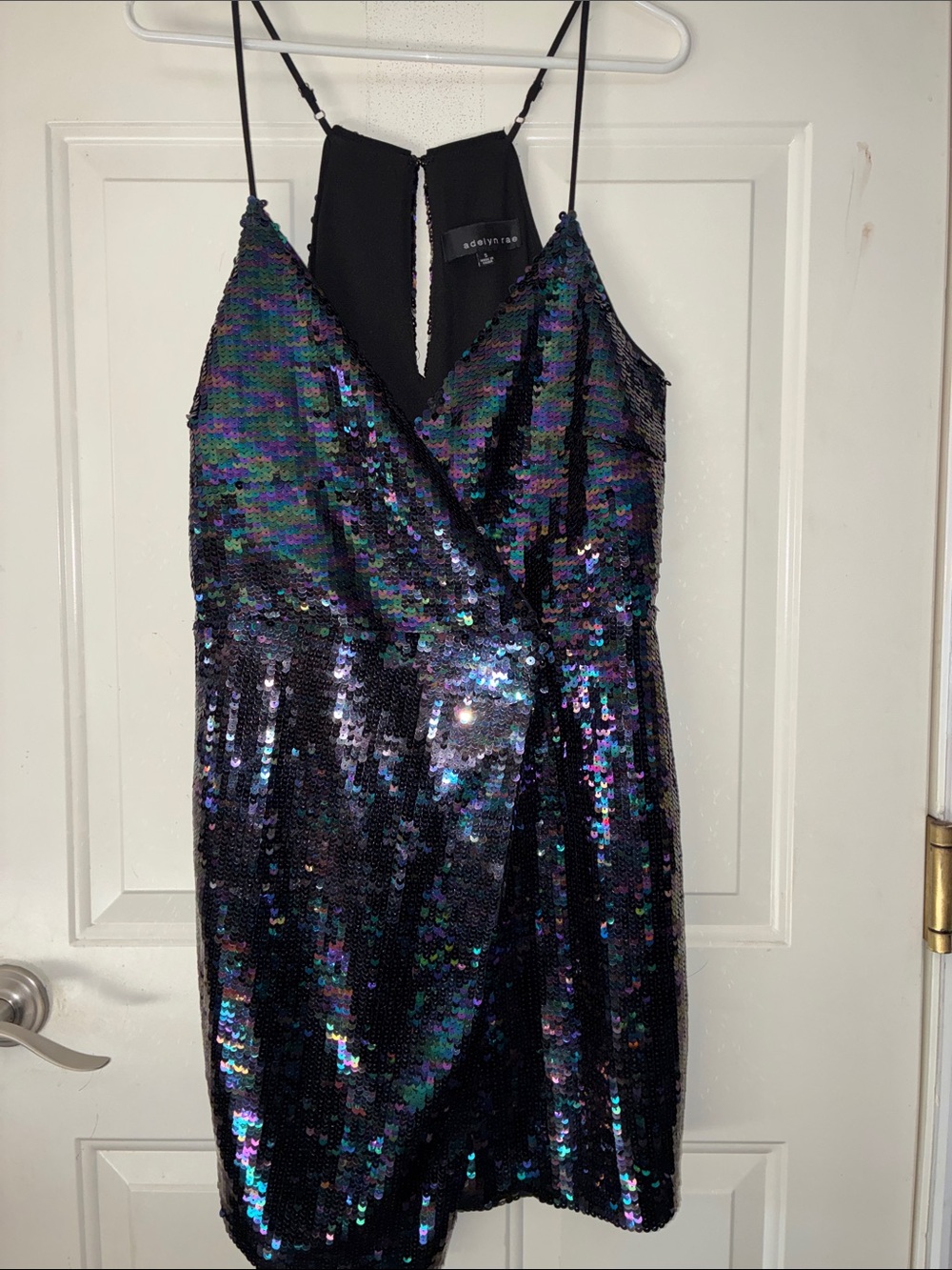 Adelyn Rae Black Iridescent Sequin Wrap Mini Dress